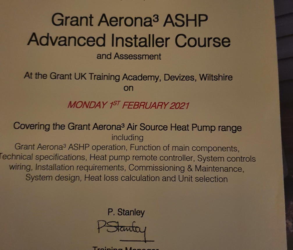 Certificate for Grant Air Source heat Pump